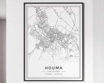 Houma Louisiana Street Map Print | Acrylic Glass Houma City Map Print | Canvas Houma City Road Map Print | Poster Houma Map Print