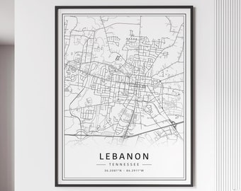 Lebanon TN Street Map Print | Acrylic Lebanon City Map Print | Canvas Lebanon Road Map Print | Poster Lebanon Map Print