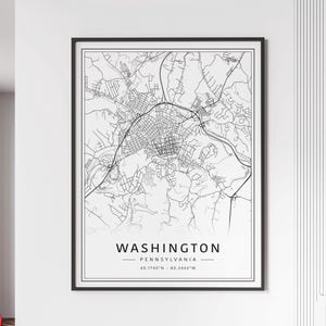 Impression de carte des rues de Washington, Pennsylvanie | Impression de carte de ville de Washington en verre acrylique | Impression de carte routière de Washington | Impression de carte de Washington d'affiche