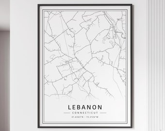 Lebanon Connecticut Street Map Print | Acrylic Lebanon Map Print | Canvas Lebanon Road Map Print | Poster Lebanon Map Print