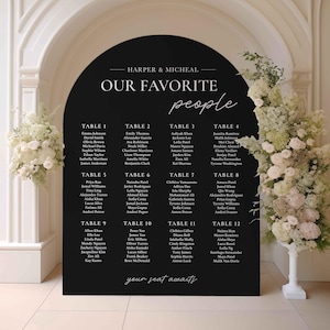 May include: A black chalkboard with a white arch at the top. The chalkboard has a seating chart for a wedding with the names of guests listed under each table number. The text at the top of the chalkboard reads "Harper & Micheal Our Favorite People".
