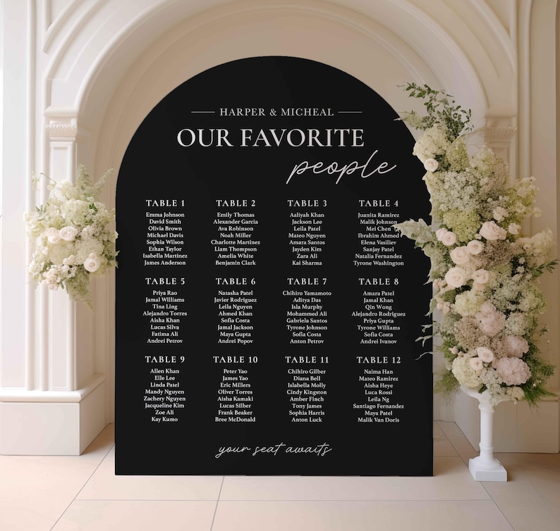 May include: A black chalkboard with a white arch at the top. The chalkboard has a seating chart for a wedding with the names of guests listed under each table number. The text at the top of the chalkboard reads "Harper & Micheal Our Favorite People".
