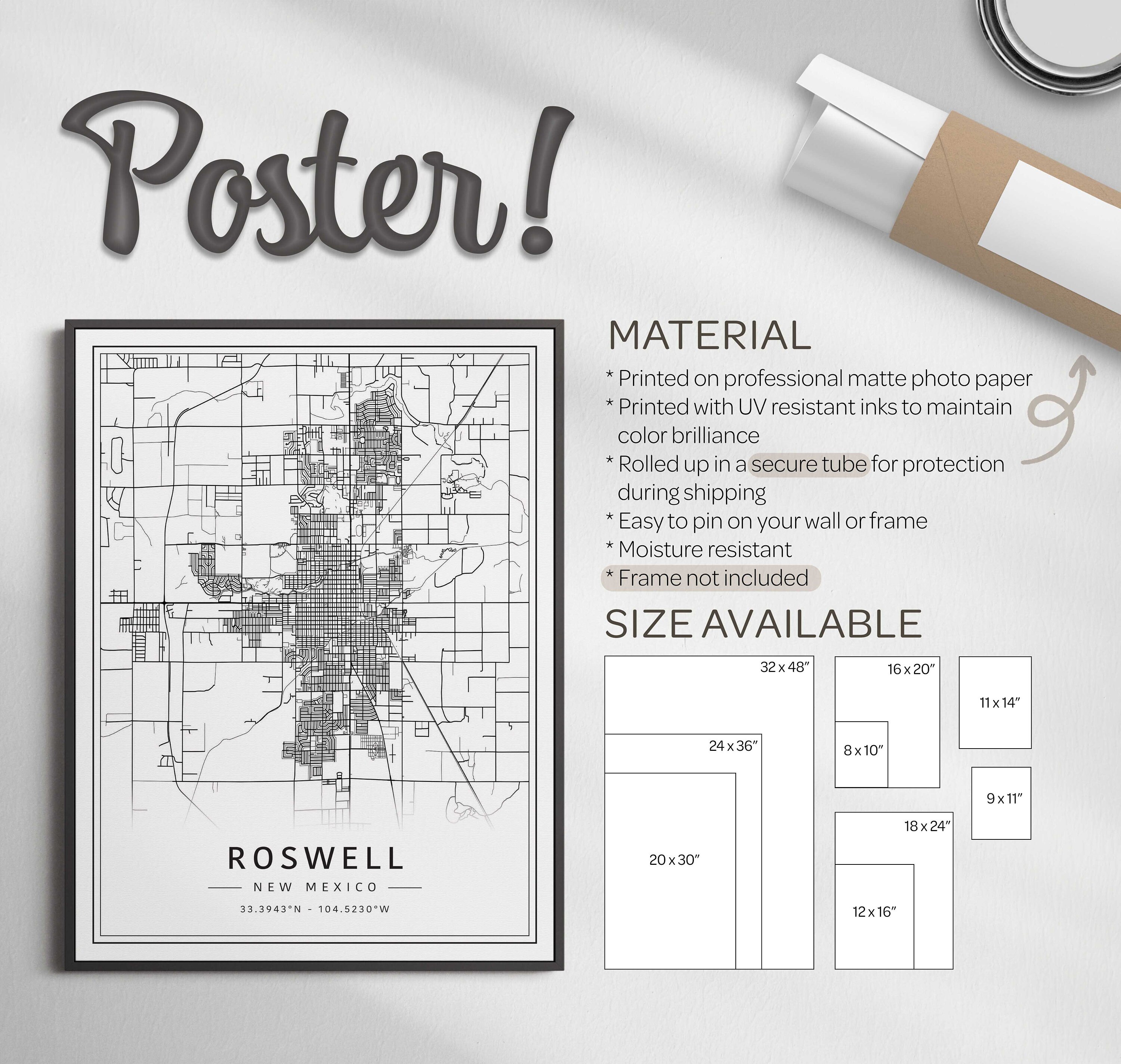 Rodwell Map Roswell NM Street Map Print | Acrylic Glass Roswell City Map Print ...