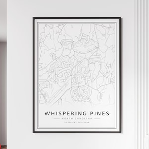 May include: Black and white line art map of Whispering Pines, North Carolina. The map shows the streets and roads of the town. The text "Whispering Pines - North Carolina - 35.2557°N - 79.3723°W" is at the bottom of the map.