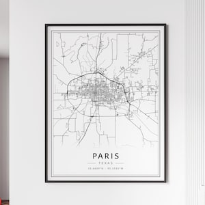 Impression du plan des rues de Paris Texas | Impression acrylique de carte de la ville de Paris | Impression de carte routière de Paris sur toile | Poster Carte de Paris, impression