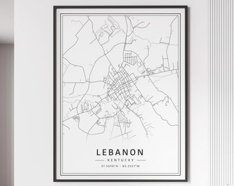 Lebanon KY Street Map Print | Acrylic Lebanon City Map Print | Canvas Lebanon Road Map Print | Poster Lebanon Map Print