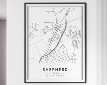 Shepherd Texas Street Map Impression | Copie acrylique de carte de ville de berger | Impression de carte routière de berger en toile | Poster Impression carte de berger