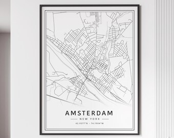Amsterdam NY Street Map Print | Acrylic Glass Amsterdam City Map Print | Canvas Amsterdam Road Map Print | Poster Amsterdam Map Print