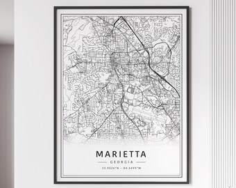 Marietta GA Street Map Print | Acrylic Marietta City Map Print | Canvas Marietta Road Map Print | Poster Marietta Map Print