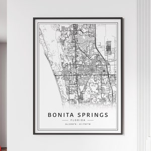 Impression de carte des rues de Bonita Springs, Floride | Impression de carte en verre acrylique de Bonita Springs | Carte routière de Bonita Springs sur toile | Impression de carte d'affiche