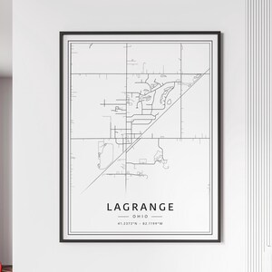 May include: Black and white line art map of Lagrange, Ohio. The map shows the city streets and features the text "Lagrange, Ohio" and the coordinates "41.2373°N - 82.1199°W".