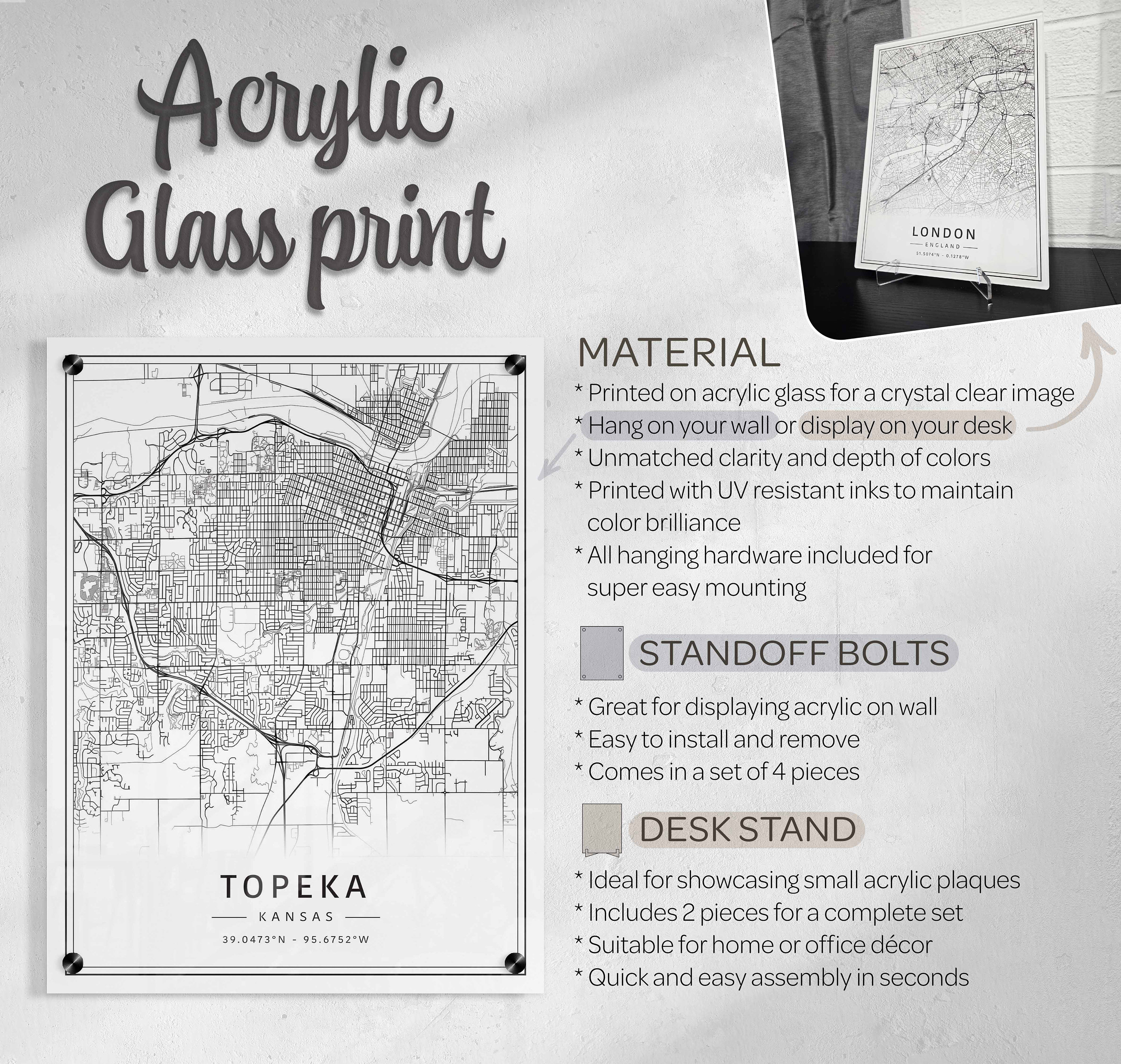 Topke Map Topeka Kansas Street Map Print | Acrylic Topeka City Map Print | Canvas ...