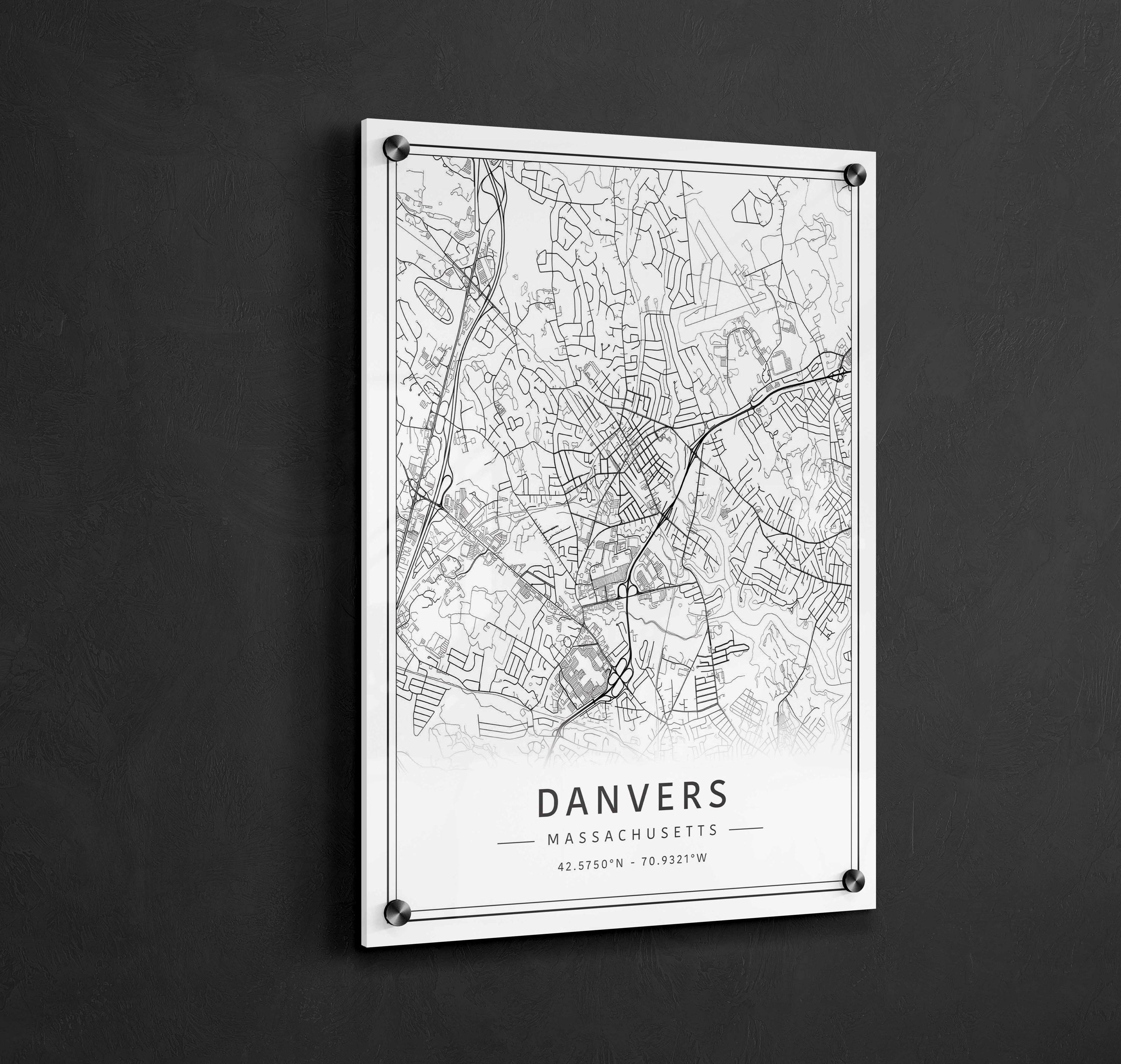 Danvers MA Street Map Print | Acrylic Glass Danvers Map Print | Canvas ...