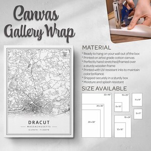 May include: A black and white map of Dracut, Massachusetts, printed on a canvas gallery wrap. The canvas is ready to hang and comes in various sizes, including 32x48 inches, 24x36 inches, 20x30 inches, 16x20 inches, 12x16 inches, 11x14 inches, 8x10 inches, 9x11 inches, and 18x24 inches.
