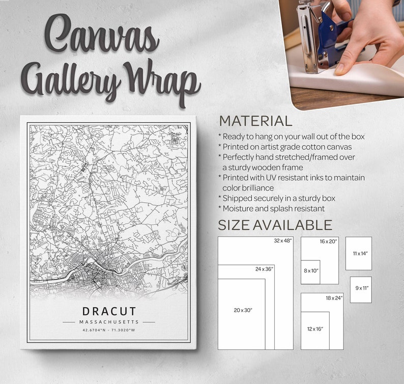 May include: A black and white map of Dracut, Massachusetts, printed on a canvas gallery wrap. The canvas is ready to hang and comes in various sizes, including 32x48 inches, 24x36 inches, 20x30 inches, 16x20 inches, 12x16 inches, 11x14 inches, 8x10 inches, 9x11 inches, and 18x24 inches.