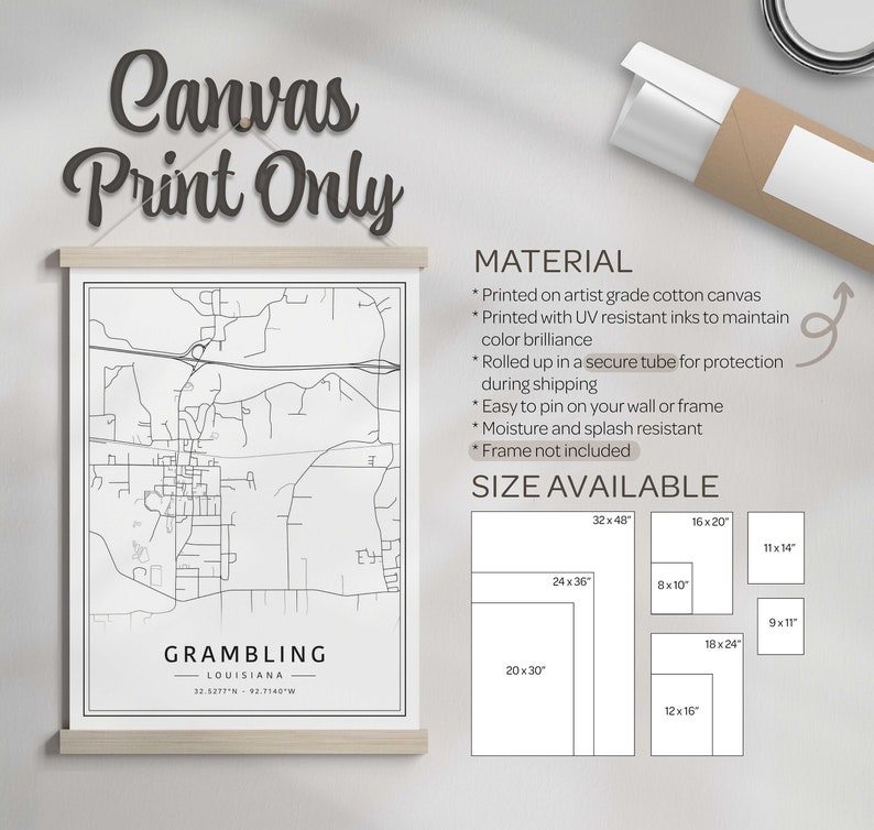 Grambling LA Street Map Print Acrylic Grambling City Map Print Canvas