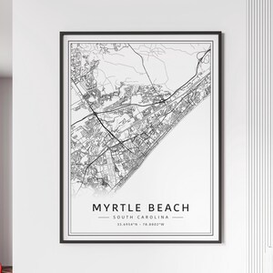 Impression de carte des rues de Myrtle Beach SC | Impression de carte de ville de Myrtle Beach sur verre acrylique | Impression de carte routière de Myrtle Beach | Impression de carte d'affiche