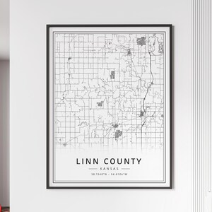 Carte des rues du comté de Linn, Kansas | Impression de carte du comté de Linn en acrylique | Impression de carte routière du comté de Linn | Poster Impression de la carte du comté de Linn