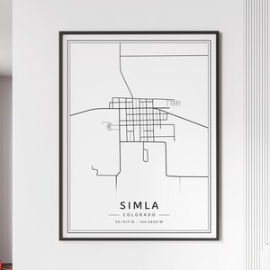 May include: Black and white line art map of Simla, Colorado. The map shows the city streets and includes the text "Simla, Colorado 39.1417°N - 104.0838°W".