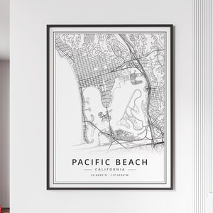 Carte des rues de Pacific Beach en Californie impression | Impression de carte de ville de Pacific Beach sur verre acrylique | Carte routière Pacific Beach en toile | Poster Carte des plages du Pacifique