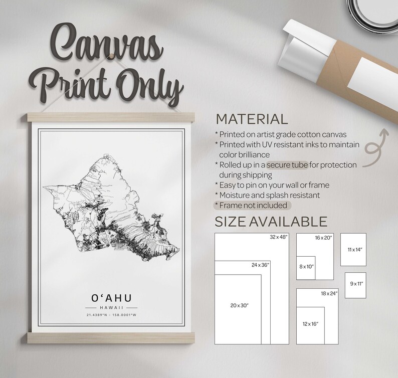 May include: A black and white line art print of the island of Oahu, Hawaii. The print is available in various sizes, including 32x48 inches, 24x36 inches, 20x30 inches, 16x20 inches, 12x16 inches, 11x14 inches, 9x11 inches, and 8x10 inches. The print is printed on artist grade cotton canvas with UV resistant inks and rolled up in a secure tube for protection during shipping. The print is easy to pin on a wall or frame and is moisture and splash resistant. The print does not include a frame.