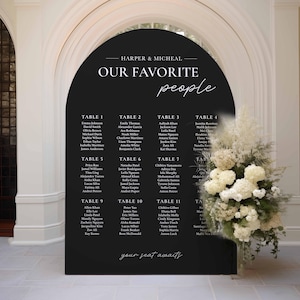 May include: A black archway sign with white text listing table numbers and guest names for a wedding reception. The sign reads "Harper & Micheal Our Favorite People" and includes the phrase "your seat awaits".