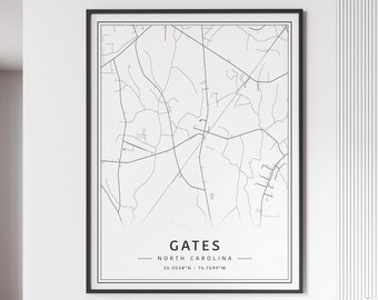 Gates NC Street Map Print | Acrylic Glass Gates Map Print | Canvas Gates City Road Map Print | Poster Gates City Map Print