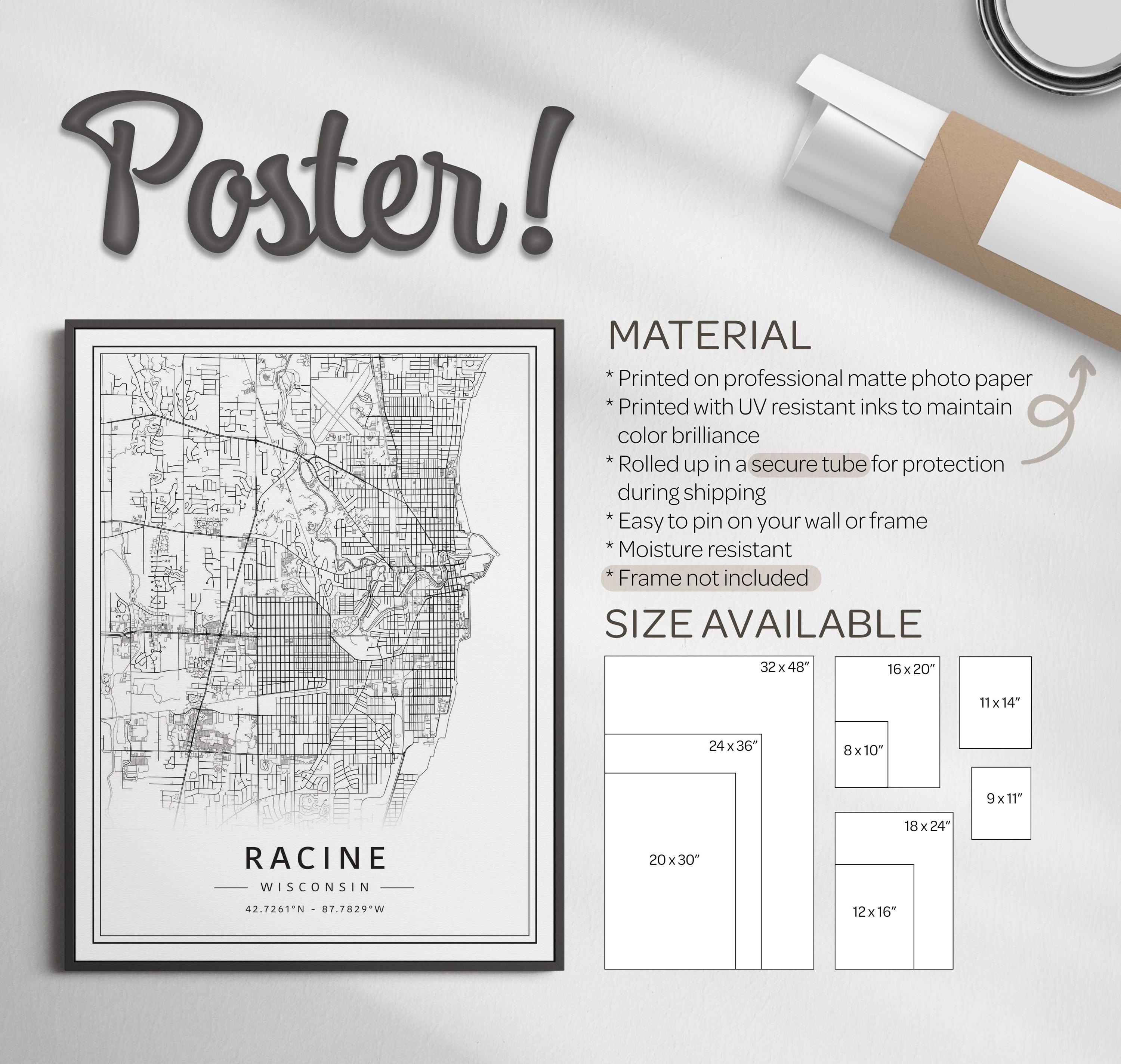 Racine WI Street Map Print | Acrylic Glass Racine City Map Print ...