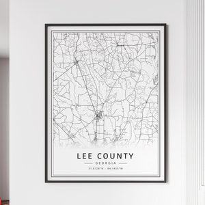 Impression de carte des rues du comté de Lee | Impression acrylique de carte du comté de Lee | Impression de carte routière du comté de Lee | Poster Impression de la carte du comté de Lee