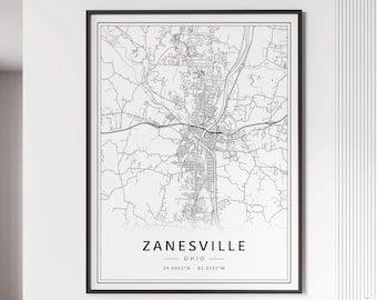 Zanesville OH Street Map Print | Acrylic Glass Zanesville City Map Print | Canvas Zanesville Road Map Print | Poster Zanesville Map Print