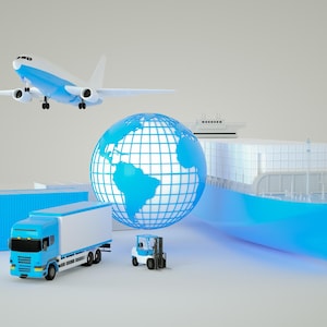 May include: A blue cargo ship, a blue semi-truck, a blue container, a blue forklift, a white airplane, and a blue globe with a white grid pattern.