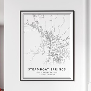 Impression du plan des rues de Steamboat Springs CO | Carte en verre acrylique de Steamboat Springs | Carte routière de Steamboat Springs sur toile | Poster Carte du bateau à vapeur