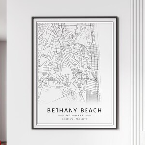 Impression de carte des rues de Bethany Beach | Impression acrylique de carte de plage de Bethany | Impression de carte routière de Bethany Beach | Poster Impression de carte de Bethany Beach