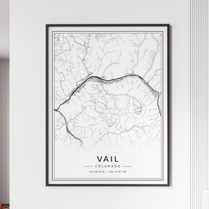 Impression de carte de rue de Vail, Colorado | Impression de carte de la ville de Vail Springs en verre acrylique | Impression de carte routière de Vail sur toile | Poster Vail Map Print