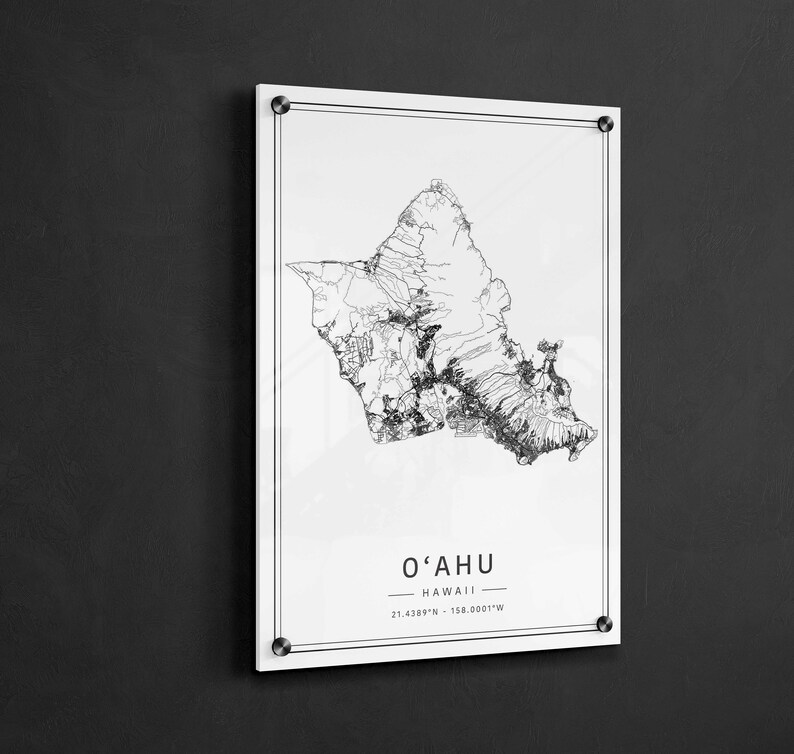 May include: A black and white line art map of the island of Oahu, Hawaii. The map is on a white background with the text "O'AHU - HAWAII - 21.4389&deg;N - 158.0001&deg;W" printed below the map.