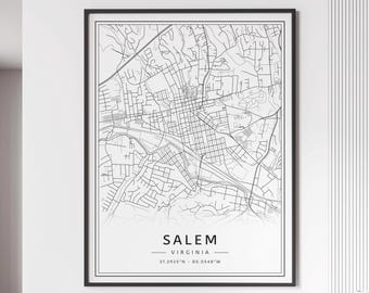 Salem Virginia Street Map Print | Acrylic Glass Salem City Map Print | Canvas Salem Road Map Print | Poster Salem Map Print