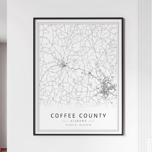 Carte des rues du comté de Coffee, AL | Impression de carte du comté de Coffee en verre acrylique | impression de carte routière du comté de Coffee | Poster Carte du comté de Coffee