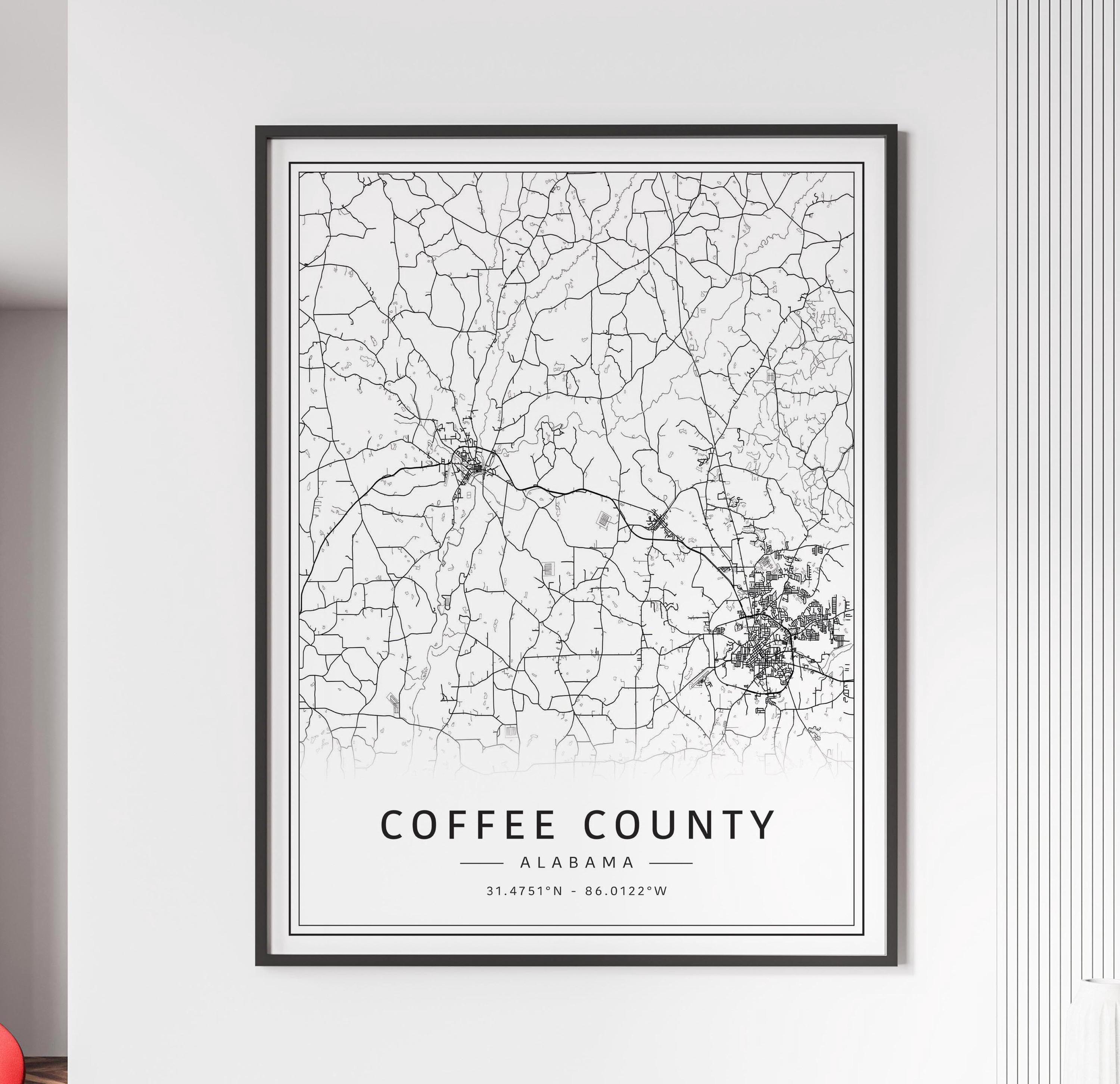 Coffee County AL Street Map Print | Acrylic Glass Coffee County Map Print | Canvas Coffee County Road Map Print | Poster Coffee County Map