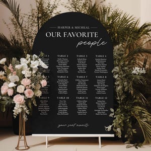 May include: A black arch-shaped seating chart with white text. The chart is titled "Our Favorite People" and lists tables with guest names. The chart is on a white easel.