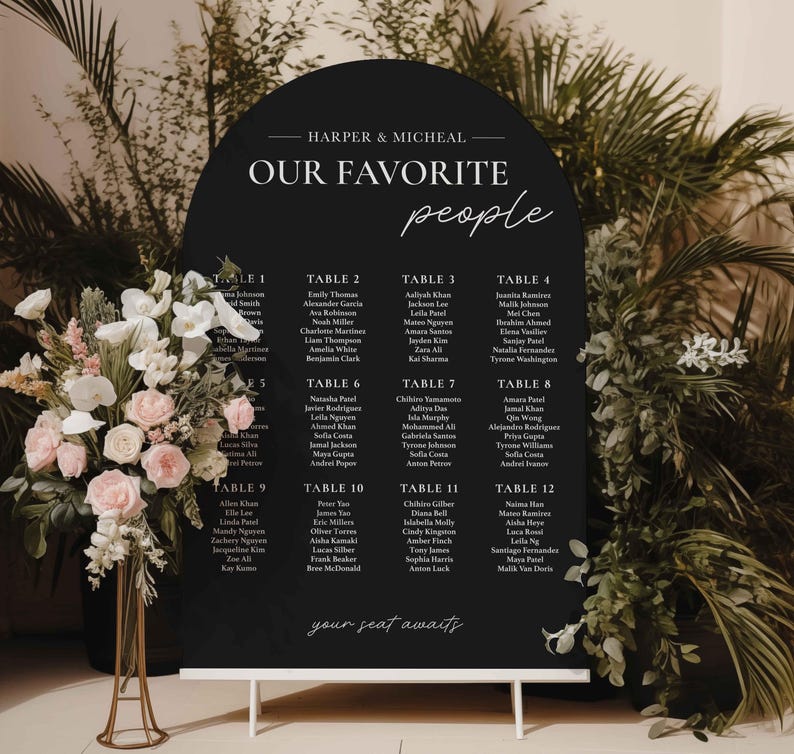 May include: A black arch-shaped seating chart with white text. The chart is titled "Our Favorite People" and lists tables with guest names. The chart is on a white easel.