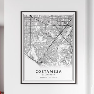 Impression du plan des rues de Costa Mesa en Californie | Impression de carte de la Costa Mesa en verre acrylique | Impression de carte routière de Costa Mesa sur toile | Poster Impression de la carte de la Costa Mesa