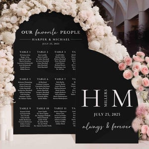 May include: Black wedding seating chart with white text. The top reads "Our favorite PEOPLE" and "HARPER & MICHAEL JULY 25, 2025". The chart lists guest names by table number. The bottom reads "H & M MILLERS JULY 25, 2025 always & forever".