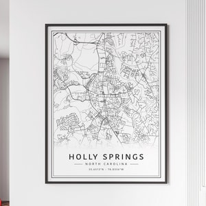 Impression de carte des rues de Holly Springs NC | Impression de carte de ville de Holly Springs sur verre acrylique | Carte routière en toile de Holly Springs | Poster Carte de Holly Springs