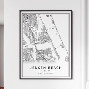 Impression de carte des rues de Jensen Beach en Floride | Impression de carte de la plage de Jensen sur verre acrylique | Impression de carte routière de Jensen Beach | Poster Impression de carte de la plage de Jensen