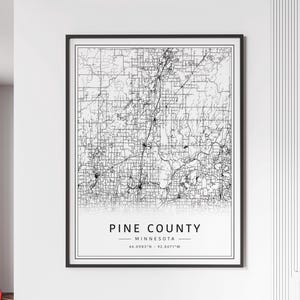 Carte des rues du comté de Pine, Minnesota | Impression de carte du comté de Pine en verre acrylique | impression de carte routière du comté de Pine | Poster Impression de la carte du comté de Pine