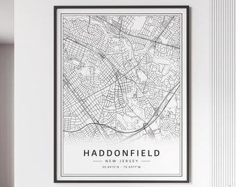 Haddonfield NJ Street Map Print | Acrylic Glass Haddonfield Map Print | Canvas Haddonfield Road Map Print | Poster Haddonfield Map Print