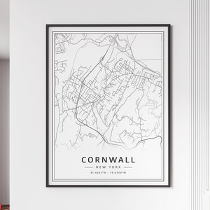 Impression de carte des rues de Cornwall, NY | Impression de carte de la ville des Cornouailles sur verre acrylique | Impression de carte routière des Cornouailles | Poster Impression carte des Cornouailles