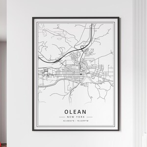 May include: A black and white line art map of Olean, New York. The map shows the city streets and surrounding area. The text "OLEAN - NEW YORK" and "42.0836°N - 78.4299°W" is printed below the map.