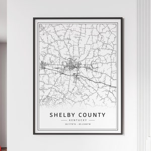 Carte des rues du comté de Shelby, KY | Impression acrylique de carte du comté de Shelby | Impression de carte routière du comté de Shelby | Poster Impression de la carte du comté de Shelby