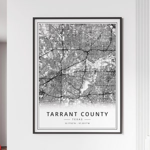 Impression de carte des rues du comté de Tarrant, au Texas | Impression de carte du comté de Tarrant en acrylique | impression de carte routière du comté de Tarrant | Poster Carte du comté de Tarrant